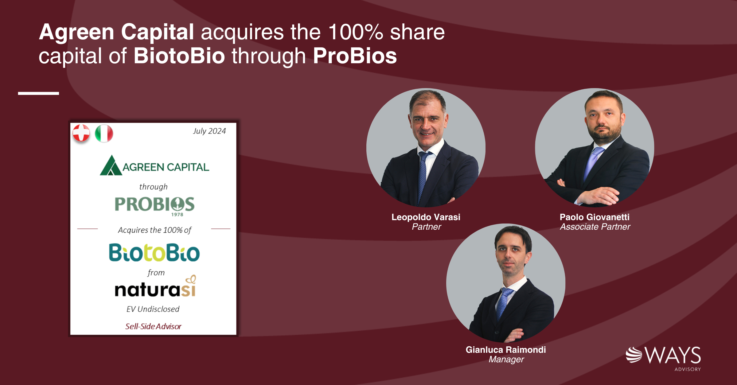 Agreen Capital acquires the 100% share capital of BiotoBio through ProBios